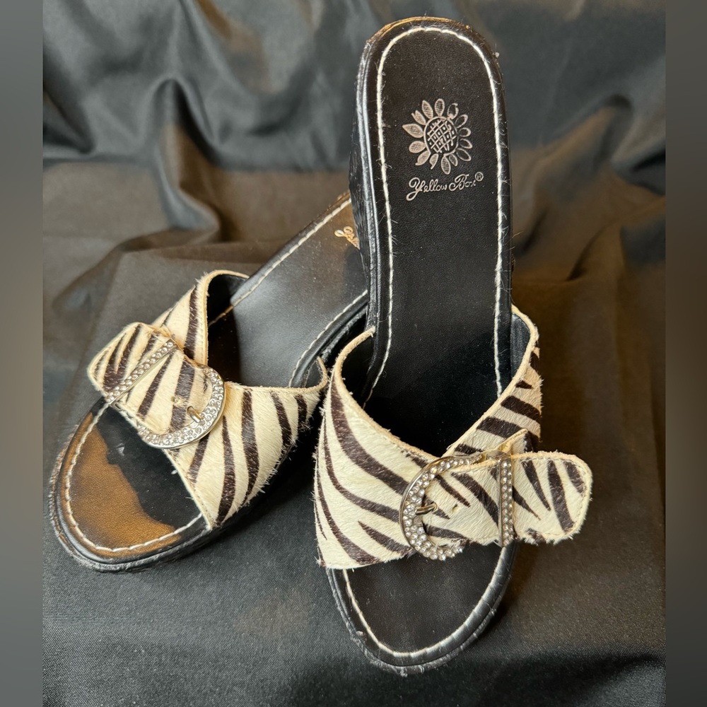 Zebra Animal Print Calf Hair Leather slides Rhinestone Buckle Yellow Box Sz 6.5